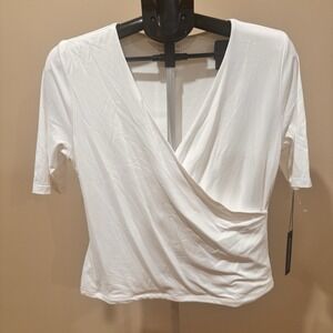 Tahari Modern Essentials White Faux Wrap Top Stretch Rouching Layering Large